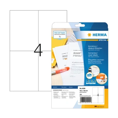Image of HERMA Self Adhesive Correction Labels, 4 Labels per A4 Sheet, 25 Sheets, 105 x 148 mm, 100 Blank Opaque Stickers, Sticky for Laser &amp; Inkjet Printer, White