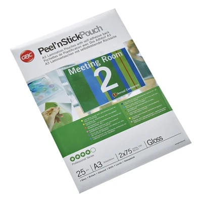 Image of GBC A3 2x75 Micron Peel n&#039; Stick Gloss Laminating Pouches, Pack of 25, 3747526