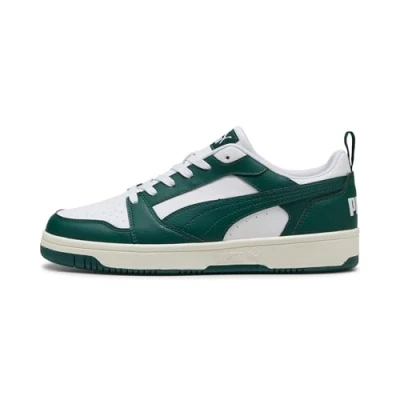 Image of Puma Rebound V6 Unisex Trainers, Size: 3.5, Dark myrtle/warm white Imitation leather/ textile