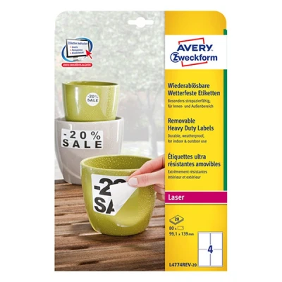 Image of Avery Zweckform L4773 100 Weatherproof Film Label 80 Stück, 99,1 x 139 mm weiß