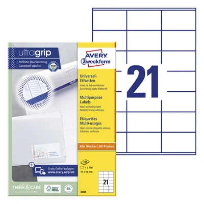 Image of Avery Zweckform 3481 Multi Purpose Labels Suitable for Deutsche Post Internetmarke 70 x 41 mm Pack of 100 Sheets with 2.100 White