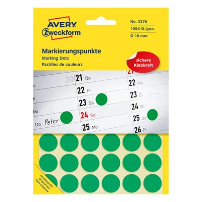 Image of AVERY Zweckform 3376 Self Adhesive Marking Dots (Diameter 18 mm, 1,056 on 22 Sheets, Round Stickers for Calendars, Planners and Crafts, Paper, Matte) Green