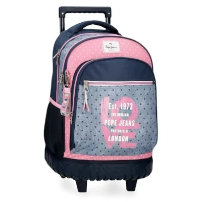 Image of Pepe Jeans Noni Denim Backpack Compact 2 Wheels Multicolor 32x43x21cm Polyester 28.9L by Joumma Bags, Multicoloured, Wheels,