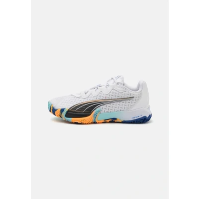 Image of Puma Unisex&#039;s Nova Elite Tennis Shoe, White Black Vivid Blue Heat Fire, 11 UK