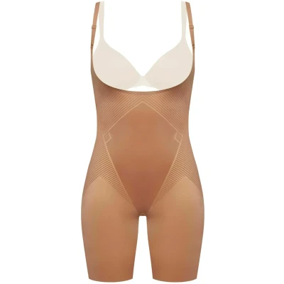 Image of Spanx Thinstincts 2.0 Openbust Midthigh Bodysuit Body, Women&#039;s, Size: 8 10, Café au lait
