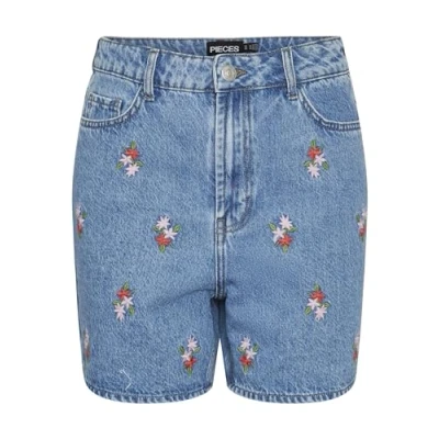 Image of Pieces Women&#039;s Pcsky Hw Embroidery Shorts denim, Light Blue Denim/Detail:embroidery, M