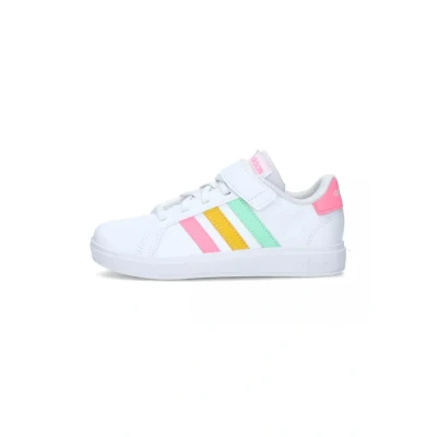 Image of adidas Boys&#039; Grand Court Elastic Lace and Top Strap Shoes Tennis Shoes, Cloud White Pulse Mint Beam Pink, 32 EU