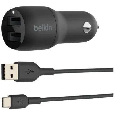 Image of Belkin Boost Charge Dual USB Fast Car Charger 12W + C Cable Black