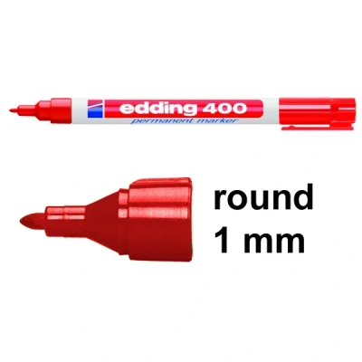Image of edding 400 permanent marker red 10 pens fine round tip 1 mm waterproof, quick drying, smear proof for cardboard, plastic, wood, metal, glass and fabric