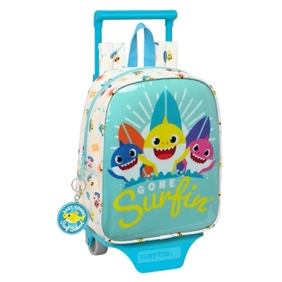 Image of BABY SHARK SURFING School Backpack 232 with Trolley 805, Easy Cleaning, Ideal for Children of Different Ages, Comfortable and Versatile, Quality Resistance, 22 x 10 28 cm, Blue White,