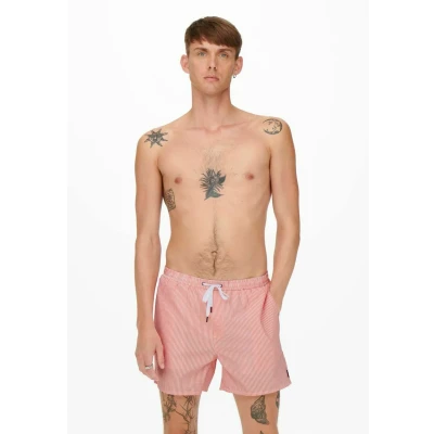 Image of ONLY &amp; SONS Men&#039;s Onsted Stripe Seersucker Swim Noos Shorts, Rose (porcelain rose), XL