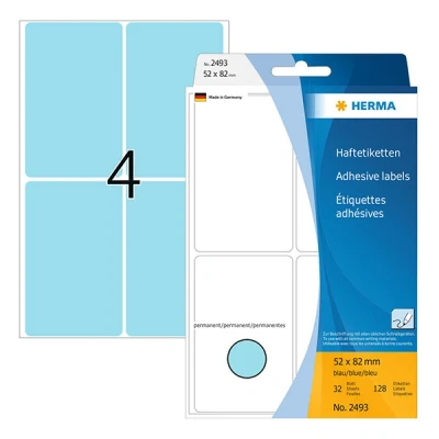 Image of HERMA Multi Purpose Labels, 4 Labels per Sheet, 32 Sheets, 52 x 82 mm, 128 Self Adhesive Large Stickers, Blank Sticky for Office Kitchen Home, Blue