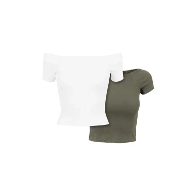 Image of Urban Classics OFF Shoulder 2PACK Basic Tshirt, Women&#039;s, Size: Large, White olive