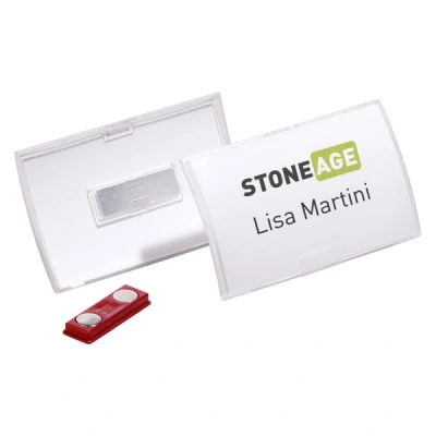Image of Durable Click Fold Name Badge 75 x 40 mm Includes Magnet for Attaching To Clothing Pack of 10 Transparent Polypropylene