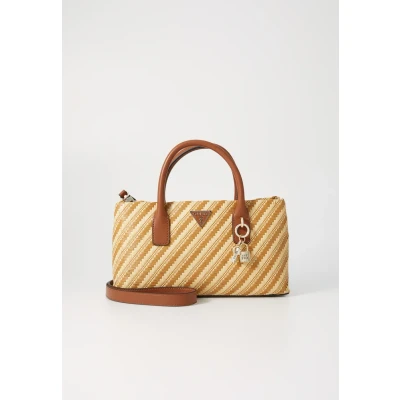 Image of Guess Simona Small Satchel Handbag, Women&#039;s, Size: One Size, Natural/cognac
