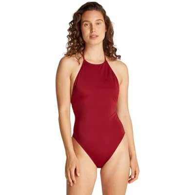 Image of Calvin Klein Swimwear HIGH NECK ONE Piece Swimsuit, Women&#039;s, Size: Medium, Plum glaze