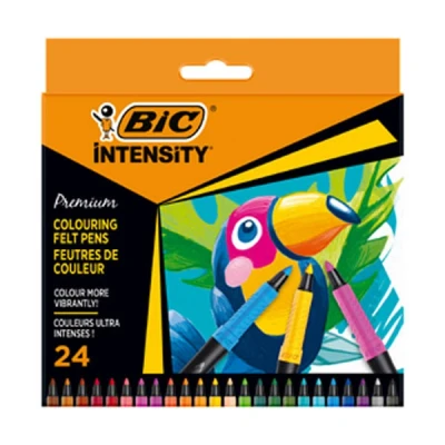 Image of BIC Intensity Premium Colouring Pens with Black Barrel and Comfortable Rubber Grip, Assorted Colours, Pack of 24