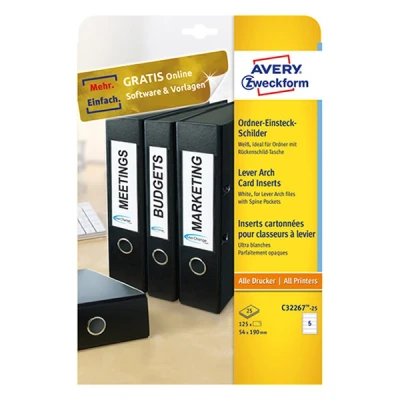 Image of AVERY Zweckform ADZ C32267 25 Card Inserts for Lever Arch Folder Spines by Leitz and Elba Non Coated Micro Perforations 170 g 54 x 190 m White Sheets