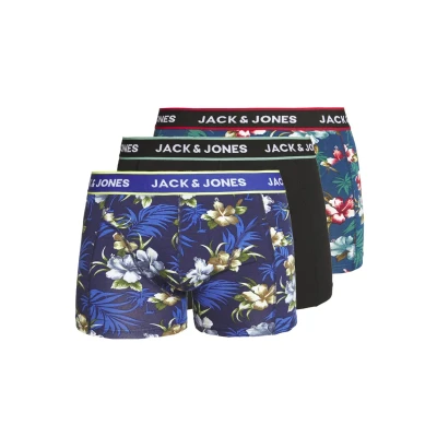 Image of Jack &amp; Jones Jacflower Trunks 3 PACK Pants, Men&#039;s, Size: XL, Black/bardaboes cherry/maritime blue