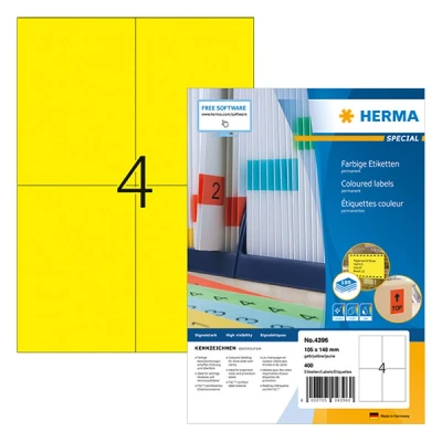 Image of HERMA Self Adhesive Coloured Labels, 4 Labels per A4 Sheet, 100 Sheets, 105 x 148 mm, 400 Blank Colour Stickers, Sticky for Laser &amp; Inkjet Printer, Yellow