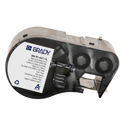 Image of Brady Self Laminating Vinyl Pre Sized Labels for Label Printer BMP41/BMP51/BMP53/M511 180 Adhesive Black on Yellow, Transparent (25,40 mm (W) x 63,50 (H)) M4 51 427 YL