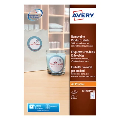 Image of Avery L7104REV 20 Self Adhesive Removable Round Labels, 12 Labels Per A4 Sheet,60mm