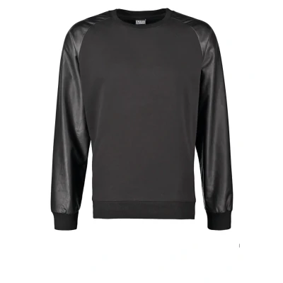 Image of Urban Classics Raglan Leather Imitation CREW Sweatshirt, Men&#039;s, Size: Small, Black