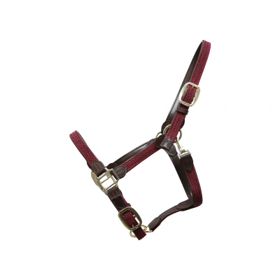 Image of Kentucky Horsewear Plaited Nylon Headcollar Burgundy Full Size Horse Halter Riding Equestrian