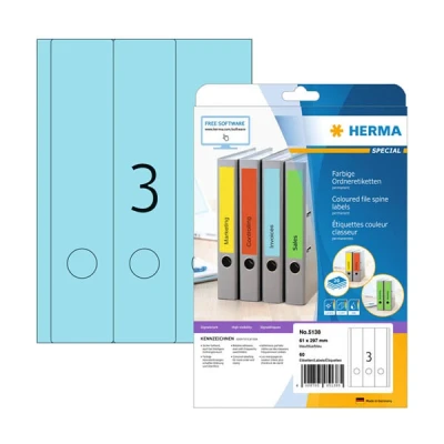 Image of HERMA Self Adhesive Spine Labels, 3 Labels per A4 Sheet, 20 Sheets, 61 x 297 mm, 60 Blank Lever Arch File Folder Stickers, Sticky for Laser &amp; Inkjet Printer, Blue