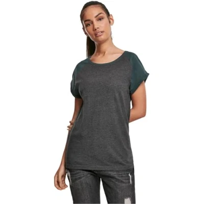 Image of Urban Classics Contrast Raglan Print Tshirt, Women&#039;s, Size: Medium, Charcoal/bottlegreen