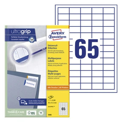 Image of AVERY Zweckform 3666 Universal Labels (6,500 Adhesive Labels, 38 x 21.2 mm on A4, Matte Paper, Individually Printable, Self Stickers with Ultragrip), 100 Sheets, White
