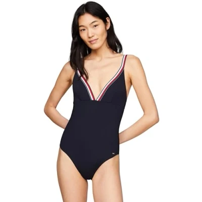 Image of Tommy Hilfiger Global Stripe ONE Piece Swimsuit, Women&#039;s, Size: XS, Desert sky
