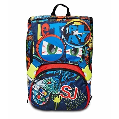 Image of SJ Gang Zaino Scuola Estensibile FACCE DA, Nero Blu Doppio Scomparto Maxi Capienza with Flip System Bambino Elementare Various Graphiche Calamitate, multicoloured,