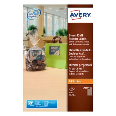 Image of Avery L7110 20 Self Adhesive Brown Kraft Labels, 18 Labels Per A4 Sheet