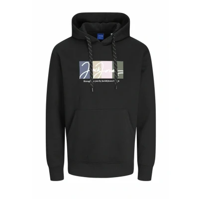 Image of JACK &amp; JONES Men&#039;s Jorportland Block Branding Sweat Hood Sweatshirt, Black, XS
