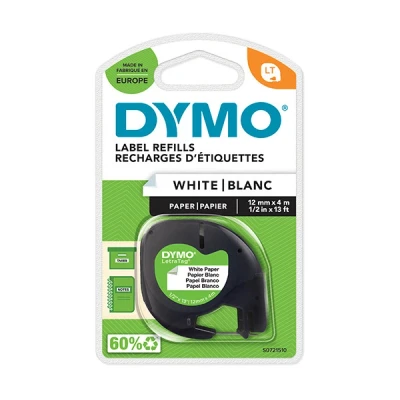 Image of DYMO LetraTag Paper Labels Authentic 12 mm x 4 m Roll Black Print on White Self Adhesive Multipurpose for Label Makers Made in Europe
