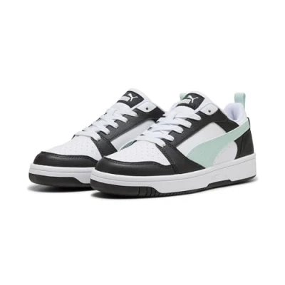 Image of Puma Rebound V6 Unisex Trainers, Size: 9, Black/peaceful blue/white Imitation leather/ textile