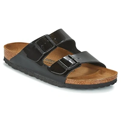 Image of Birkenstock Classic Women&#039;s Arizona Leather Mules, Black Vernis Noir, 38 EU Schmal