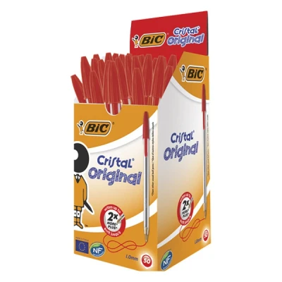 Image of BIC Cristal Original Ballpoint Pens, Medium Point (1.0mm), Every Day Writing Pens With Clear Barrel, Red, Box Of 50