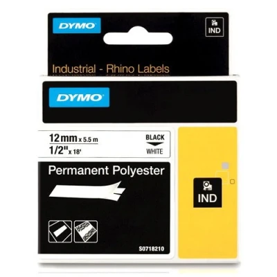 Image of DYMO Rhino Industrial Permanent Polyester Labels 12 mm x 5.5 m black on white self adhesive tape for and LabelManager Label Printer
