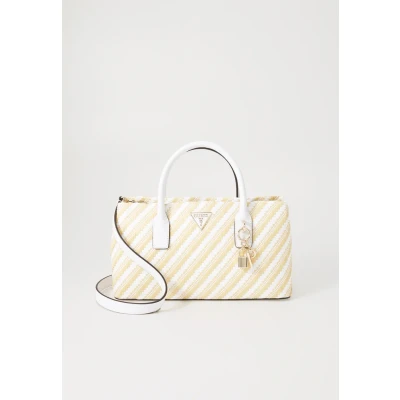 Image of Guess Simona Small Satchel Handbag, Women&#039;s, Size: One Size, Natural/white
