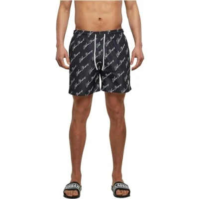 Image of Urban Classics Pattern Swimming shorts, Men&#039;s, Size: Large, Blackscriptlogo