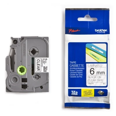 Image of Brother TZe 111 Labelling Tape Cassette, 6 mm (W) x 8 m (L), Laminated, Genuine Supplies Black on Clear