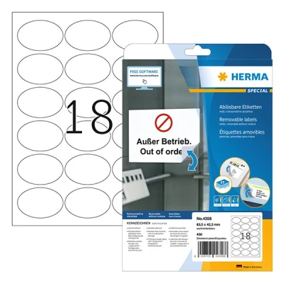 Image of HERMA 4358 Universal Removable Labels, 800 Sheets, 63.5 x 42.3 mm, 18 per A4 Sheet, 14400 Pieces, Self Adhesive, Printable, Matt, Blank Paper Adhesive Labels Stickers, White