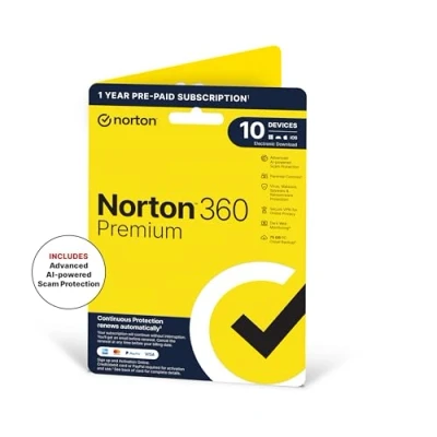 Image of Norton 360 Premium 2024, Antivirus software for 10 Devices and 1 year subscription with automatic renewal, Includes Secure VPN Password Manager, PC/Mac/iOS/Android, Activation Code by Post