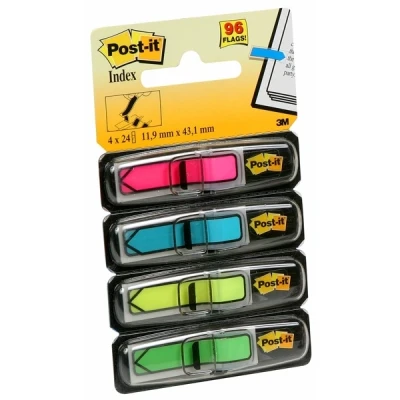 Image of Post it Index Small Arrows In a Plastic Dispenser, Assorted Colours, 11.9 mm x 43.2 mm, 24 Flags/Dispenser, 4 Dispensers/Pack