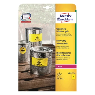 Image of AVERY Zweckform Yellow Heavy Duty Laser Labels, 210 x 297 mm Printer Labels (210 mm, Self Adhesive Label, Yellow, A4, 20 80 C, Polyester, Laser)