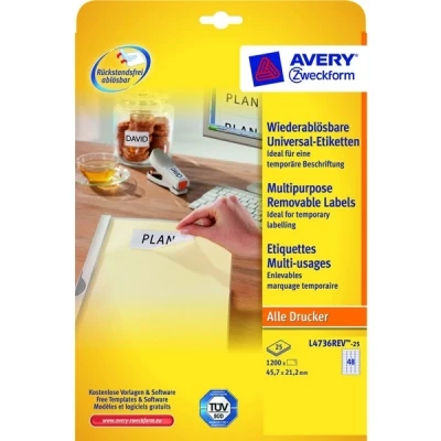 Image of Avery Zweckform Multi Purpose Removable Labels for All A4 Printers, 45.7 x 21.2 mm weiß (wiederablösbar)