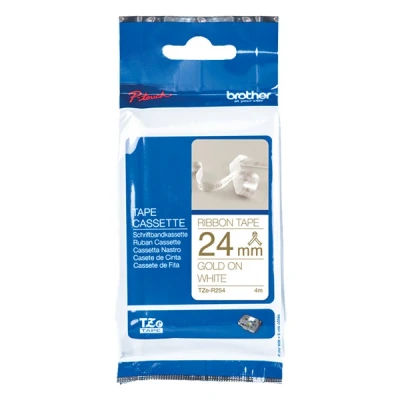 Image of Brother TZe R254 Labelling Tape Cassette, Gold on White, 24 mm (W) x 4M (L), Ribbon Tape, Genuine Supplies
