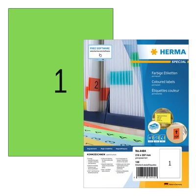 Image of HERMA Self Adhesive Coloured Labels, 1 Label per A4 Sheet, 100 Sheets, 210 x 297 mm, Blank Colour Labels Stickers, Sticky for Laser &amp; Inkjet Printer, Green